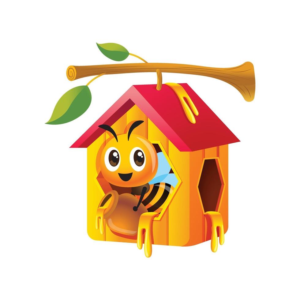 Cartoon cute bee holding honey pot and stay in honeycomb house vector