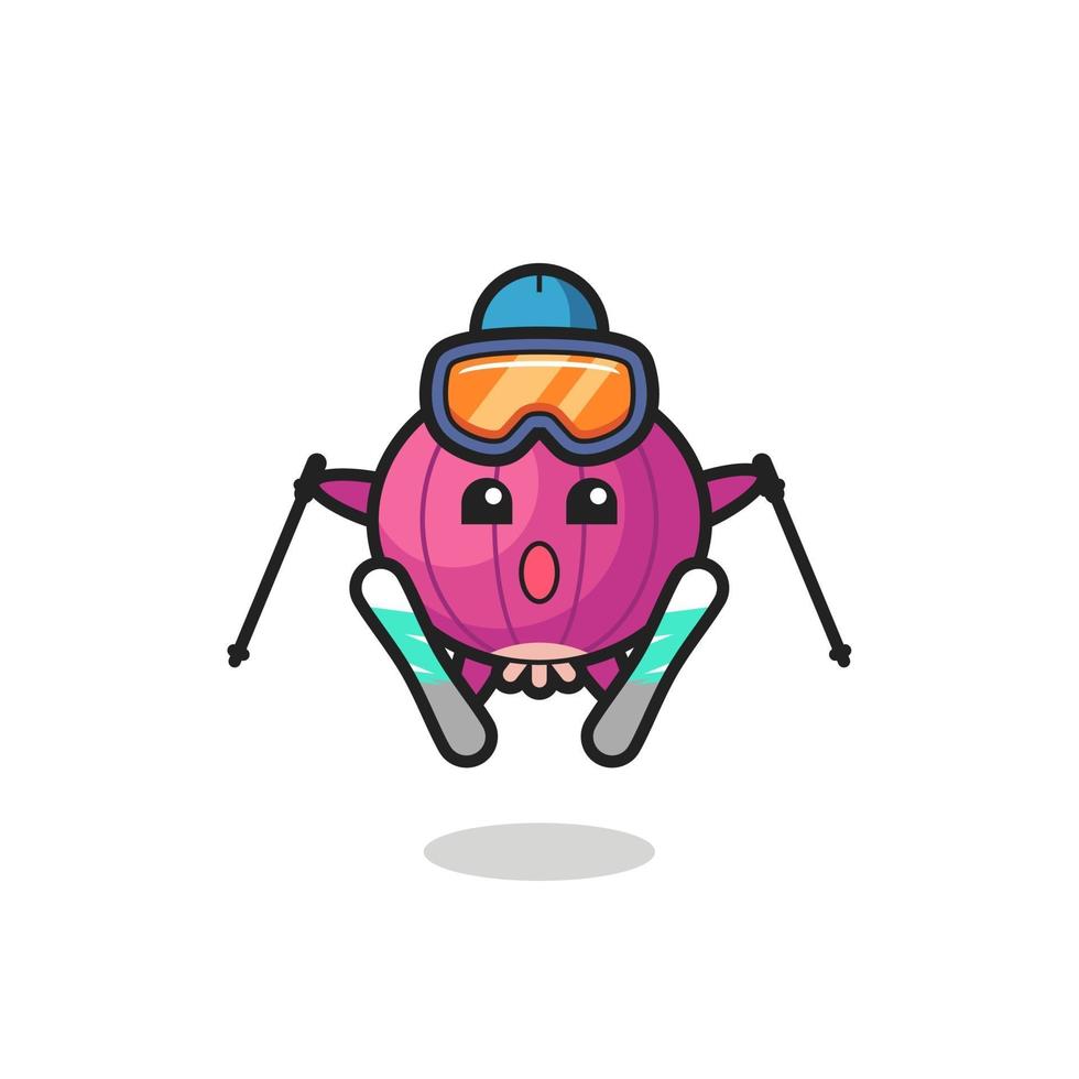 Personaje de mascota de cebolla como jugador de esquí. vector