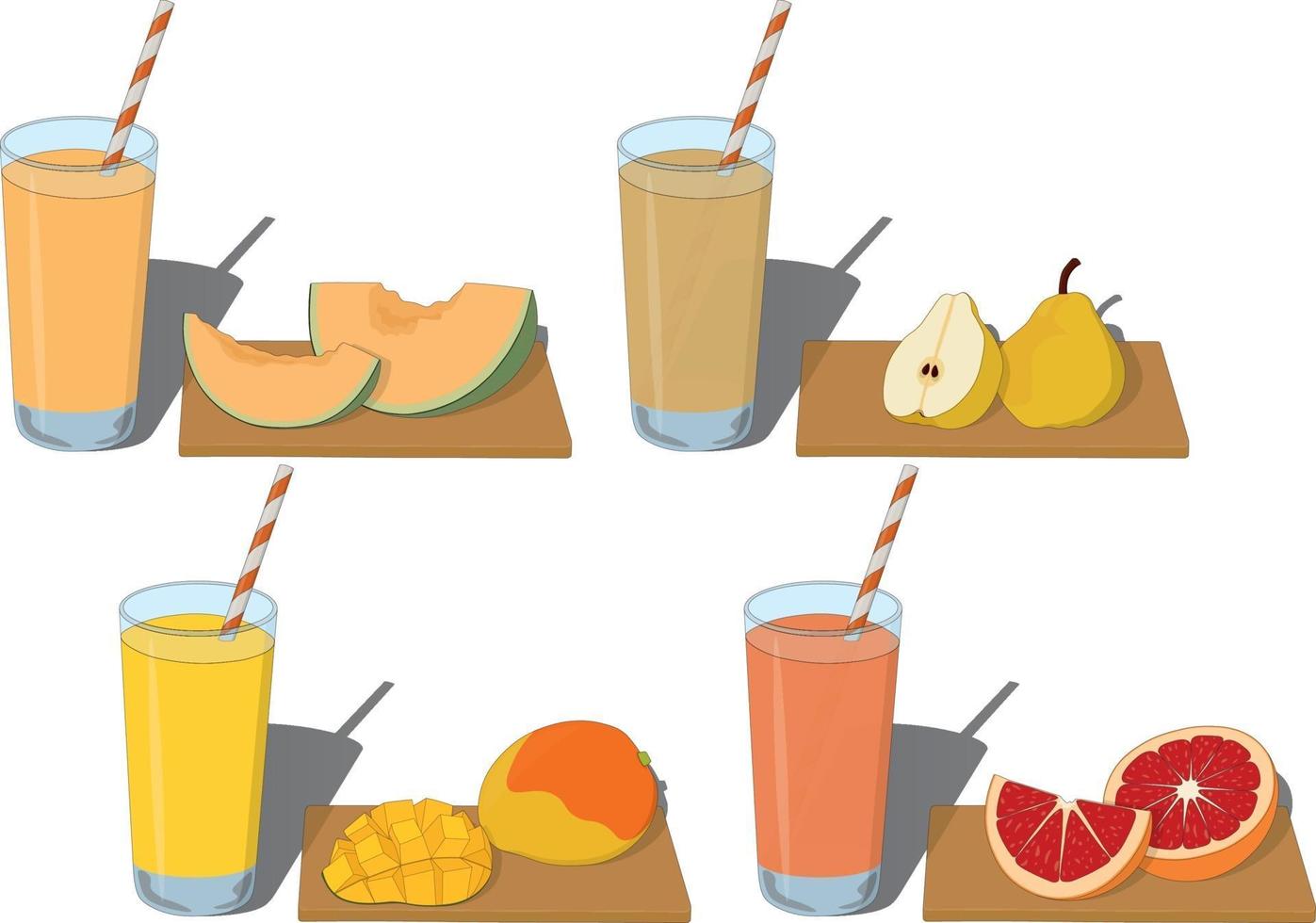 Glass of fresh fruit juice types with cut fruits on board vector