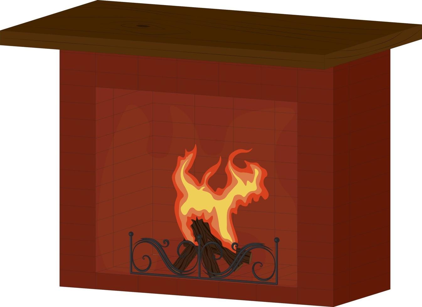 Red brick fireplace with logs and fire vector illustration