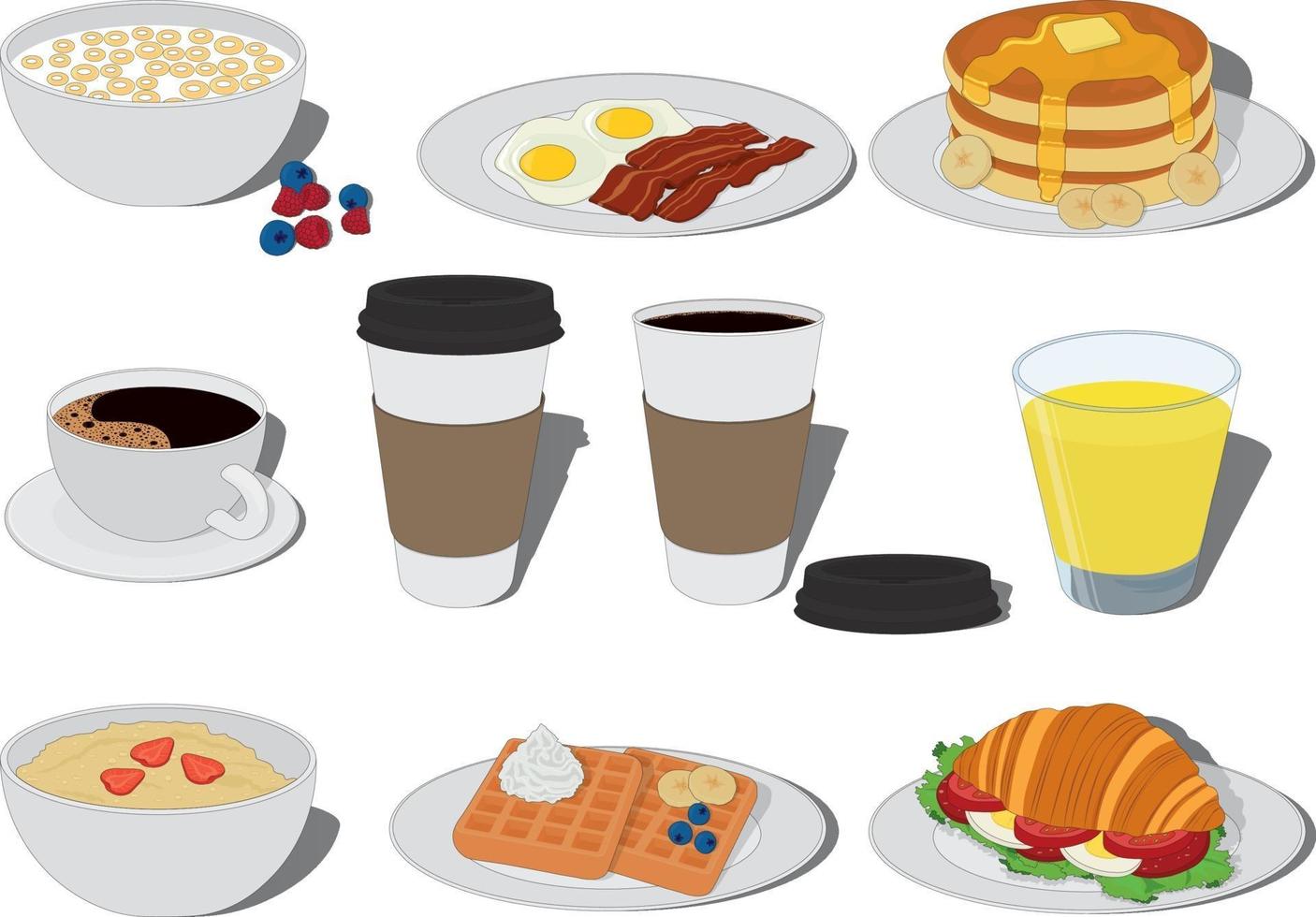 desayuno, comida y bebida, tipos, colección, vector, ilustración vector