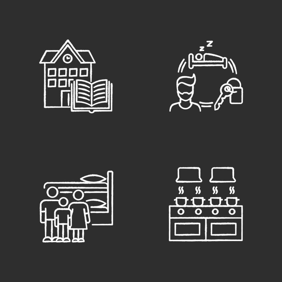 Dormitory chalk white icons set on black background vector