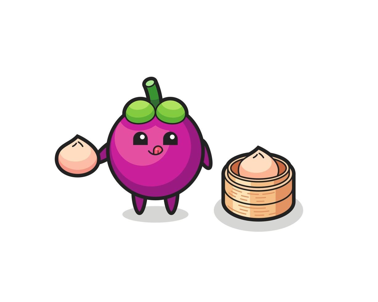 cute mangosteen character eating steamed buns vector