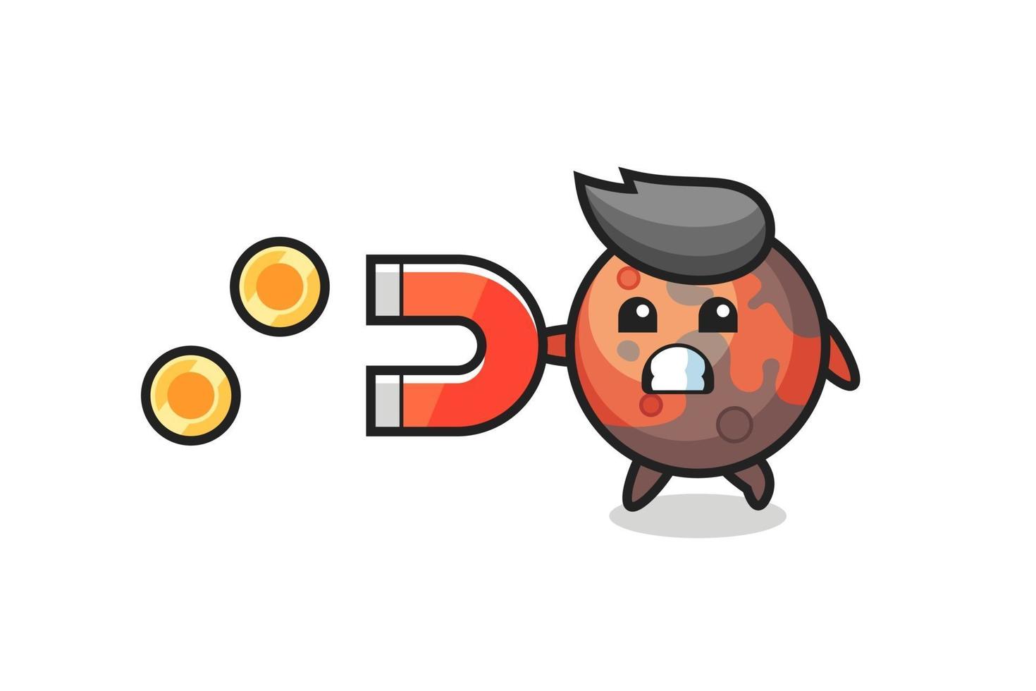 the character of mars hold a magnet to catch the gold coins vector