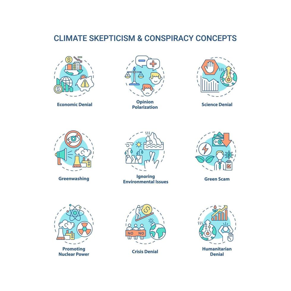 Conjunto de iconos de concepto de escepticismo y conspiración climática vector