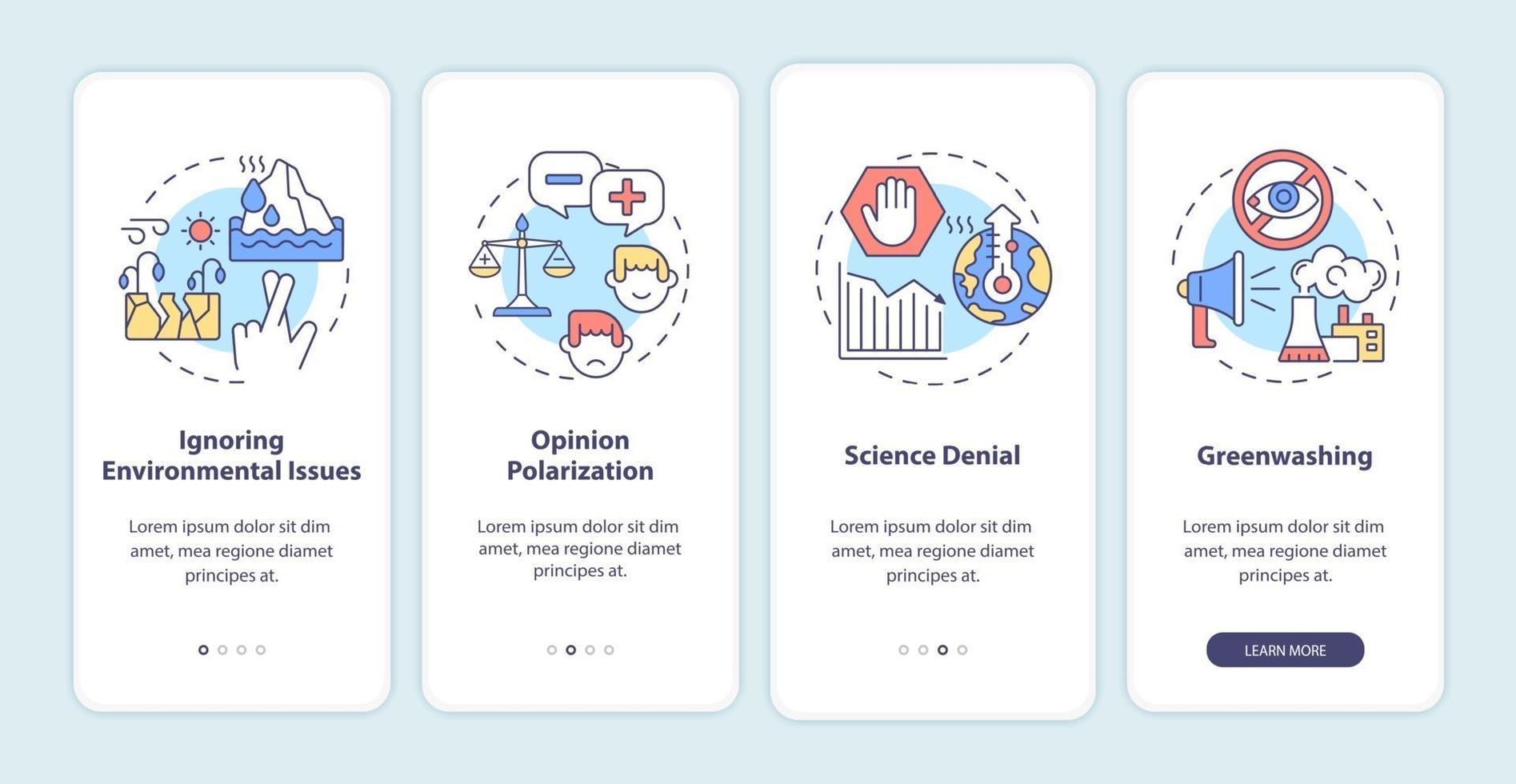 Effects of climate scepticism onboarding mobile app page screen vector