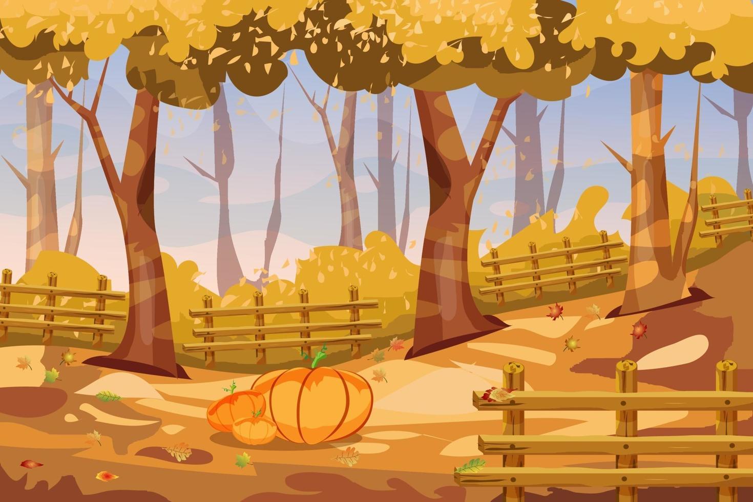 Fondo de paisaje de otoño de dibujos animados con calabazas de otoño vector