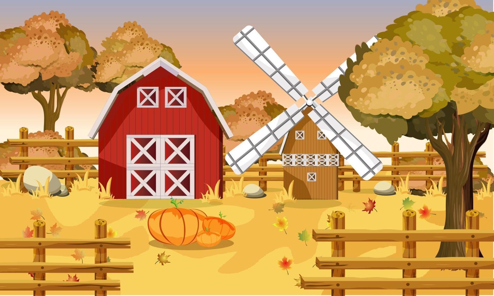 Fondo de granja de otoño escena de otoño con calabazas y hojas vector