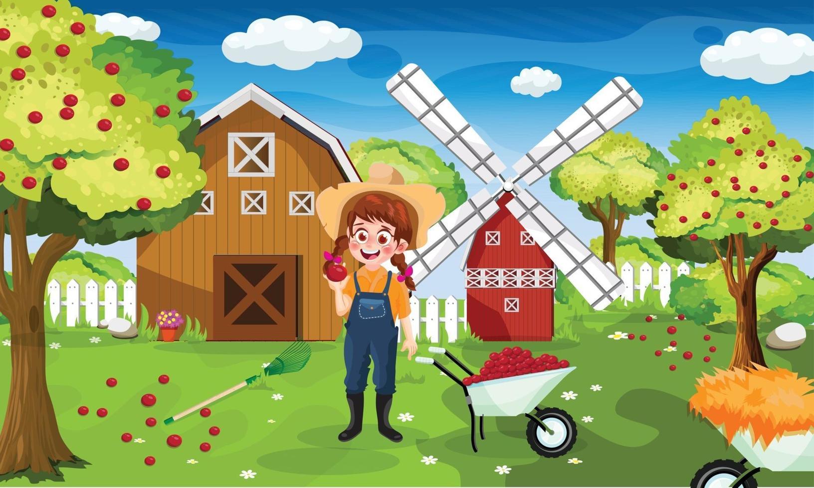 Escena de la granja con granjero niña cosecha manzanas diseño vectorial vector