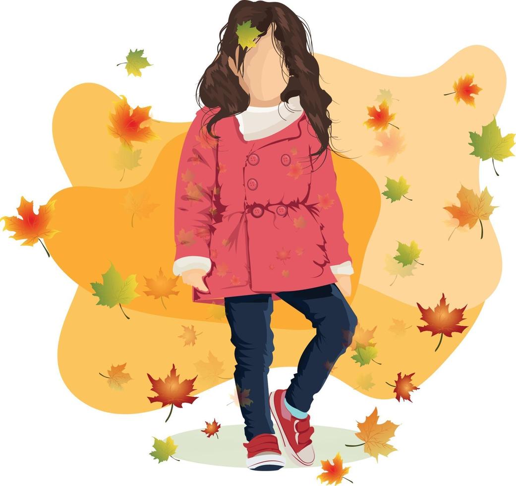 Cute girl illustration with Autumn leaves flat Fall design vector