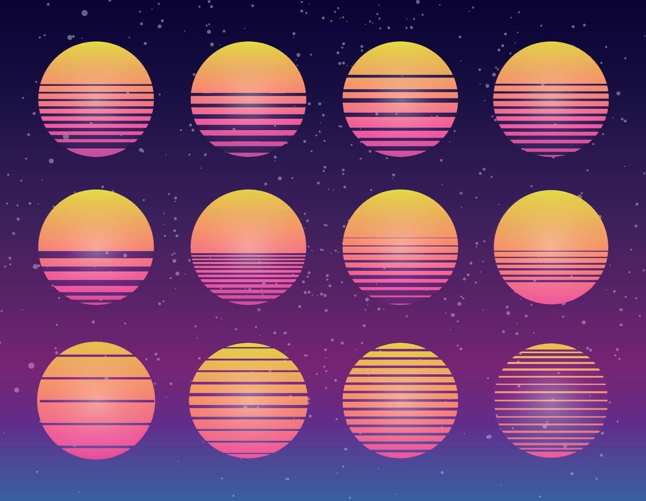 Colección puesta de sol de vector synthwave de los 80