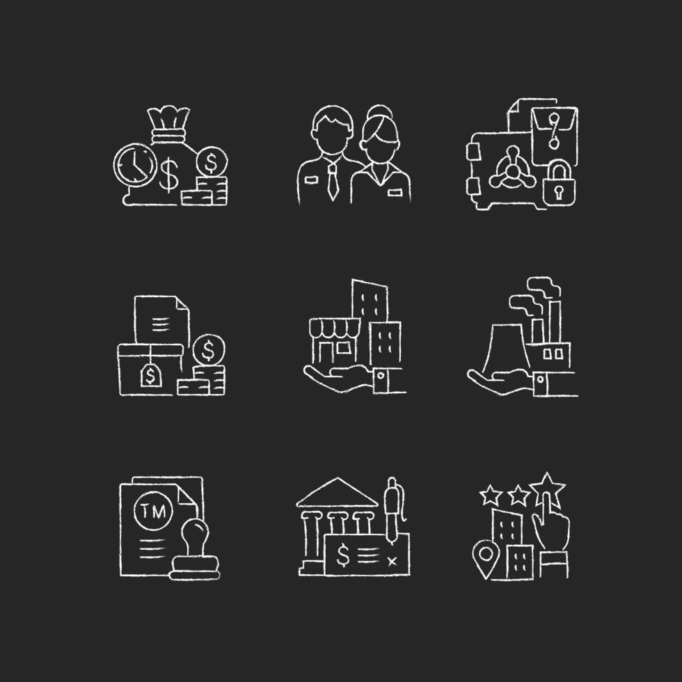 desarrollo de negocios tiza iconos blancos en fondo oscuro vector