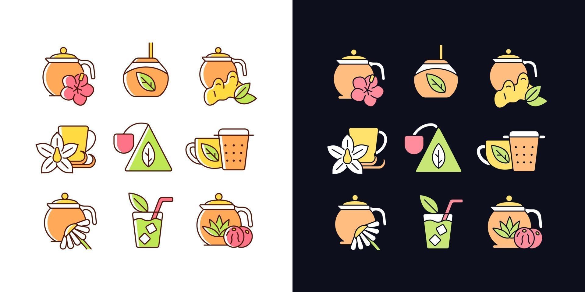 Té y bebidas similares al té, tema claro y oscuro, conjunto de iconos de colores rgb vector