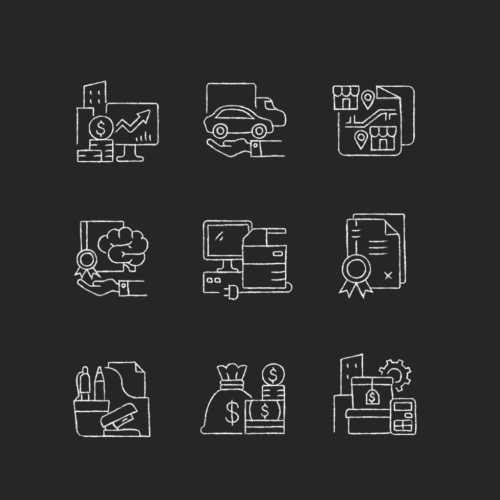 Suministros de oficina y equipo técnico conjunto de iconos de tiza blanca vector