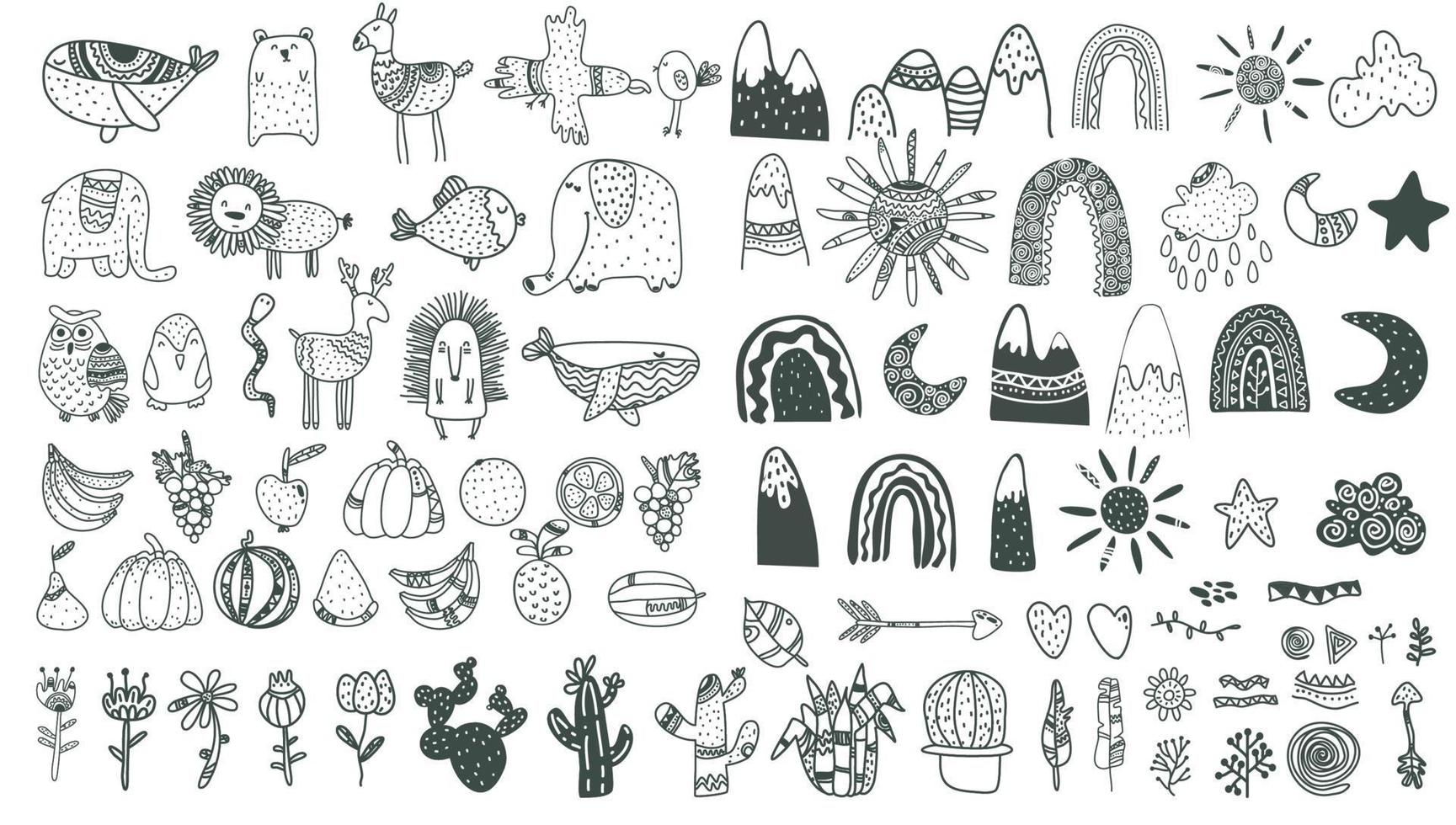 elementos para niños escandinavos. plantas de doodle de estilo boho, animales vector
