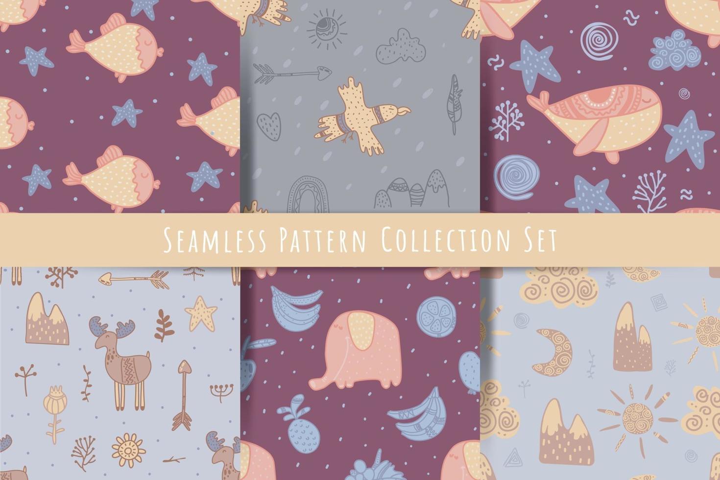 Seamless patterns set with animals, mountains, baby seamless patern vector