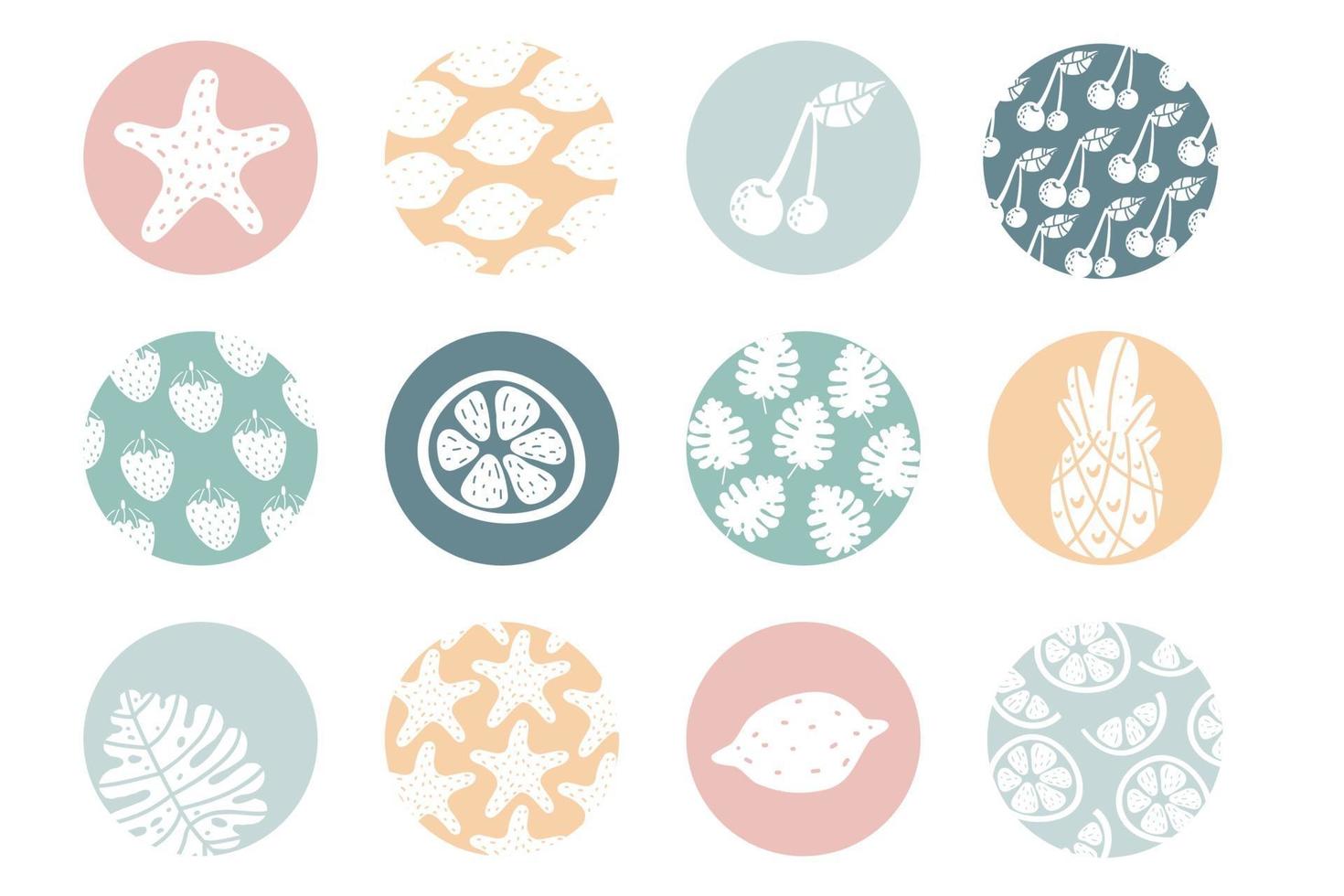 resaltar el conjunto de portadas florales, iconos botánicos de frutas redes sociales vector