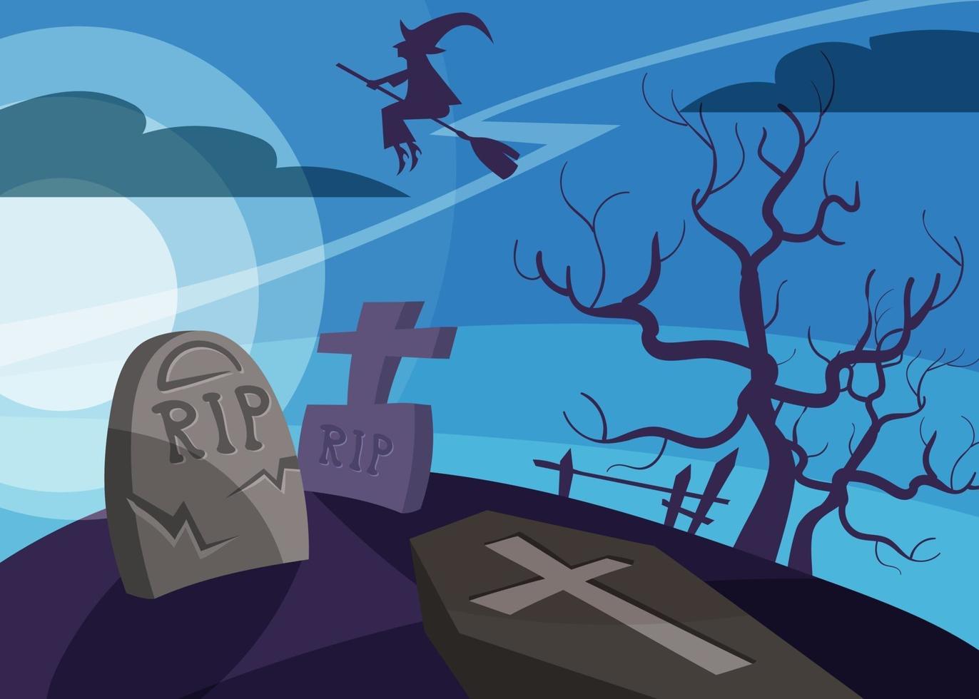 pancarta con bruja volando sobre el cementerio. vector