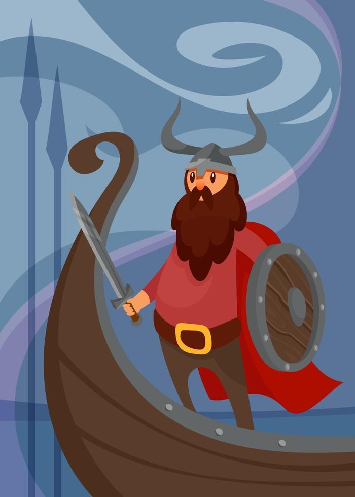 Viking poster with warrior on ship. vector