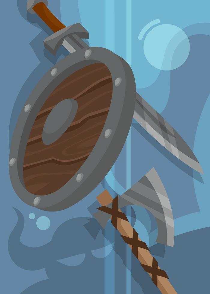 Viking poster with shield and weapons. vector