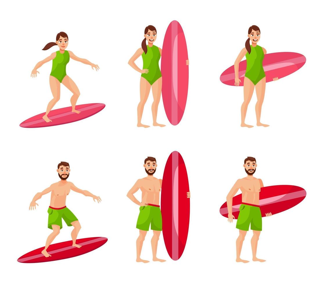 surfistas masculinos y femeninos en diferentes poses. vector