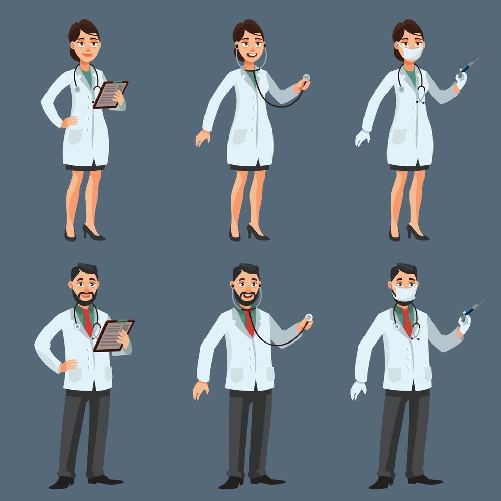 Male and female doctors in different poses. vector