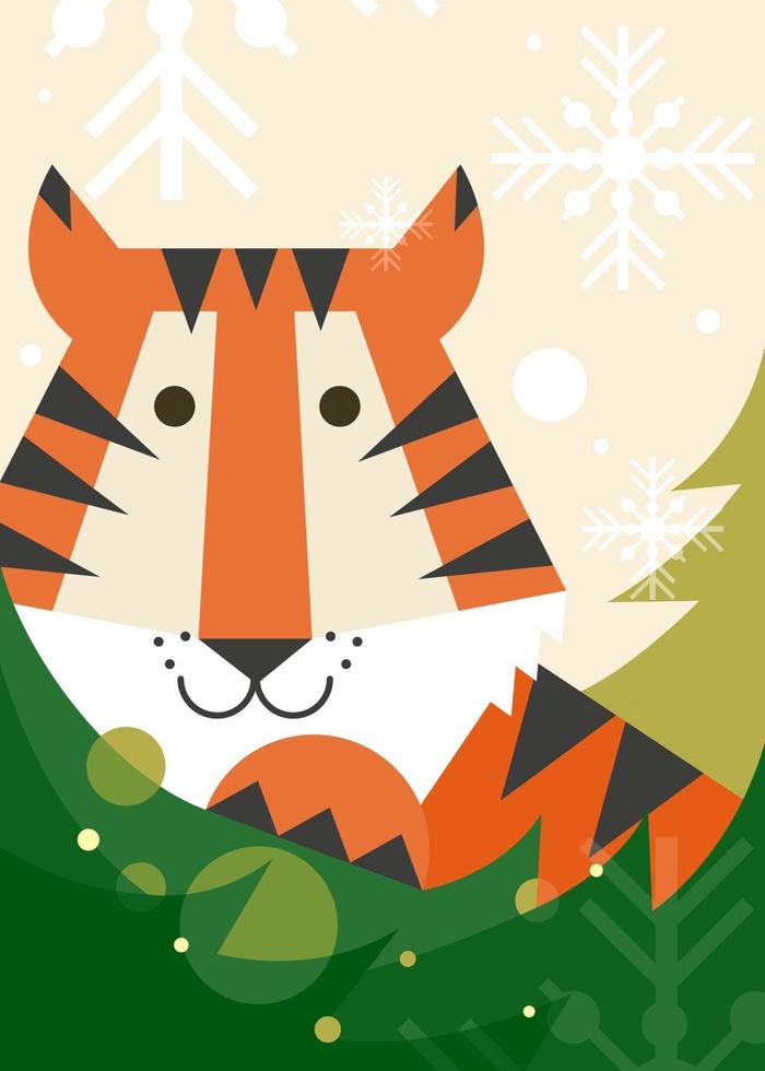 cartel con tigre, abeto y copos de nieve. vector