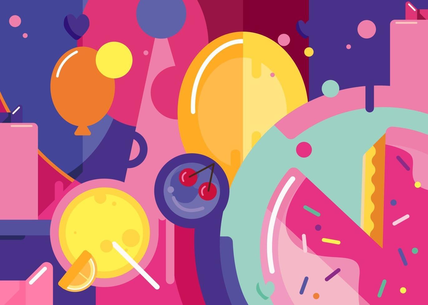 Happy Birthday banner with cake and balloons. vector