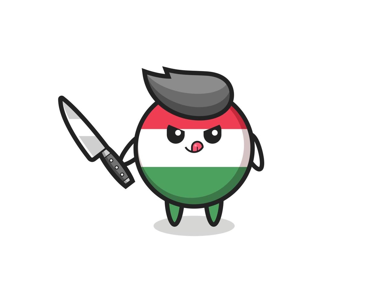 Linda mascota de la insignia de la bandera de Hungría como un psicópata sosteniendo un cuchillo vector