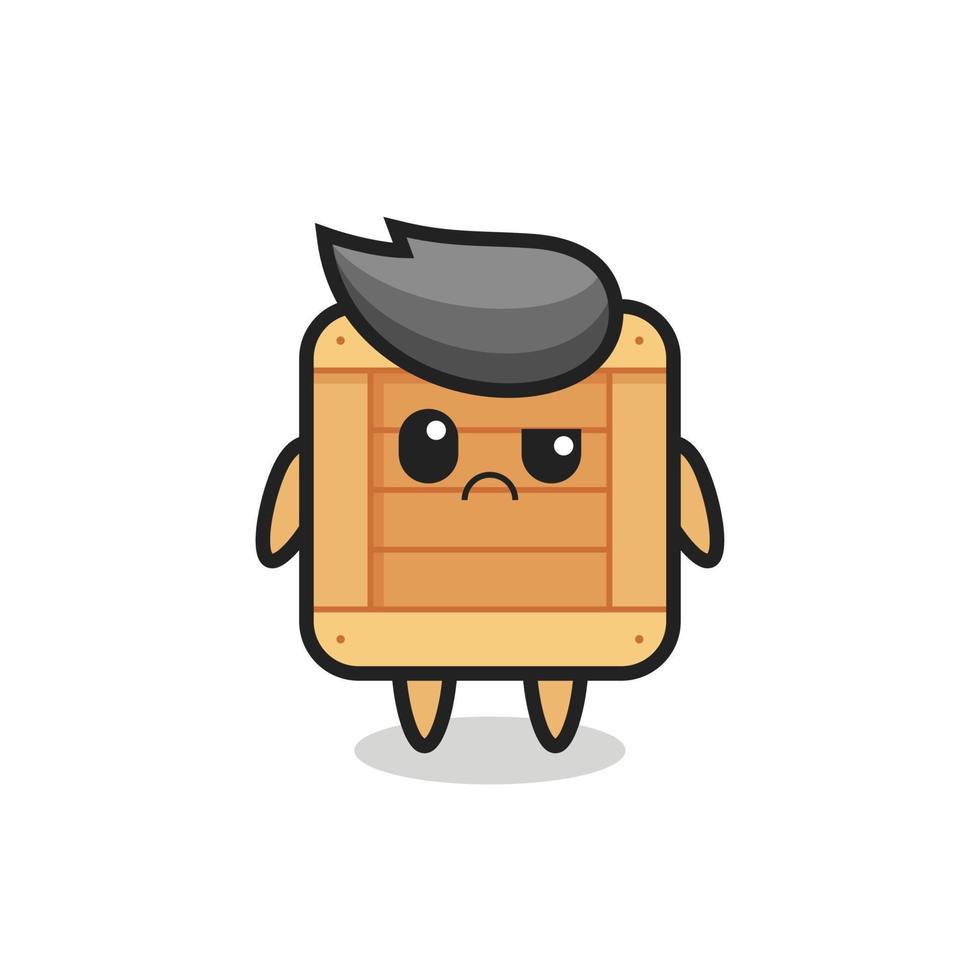 Mascota de caja de madera con cara escéptica. vector