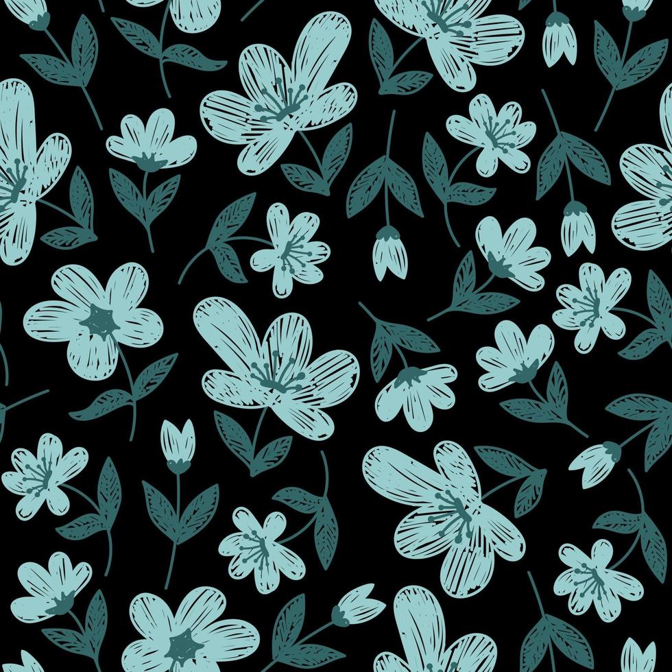 Black seamless vector background with bright mint flowers