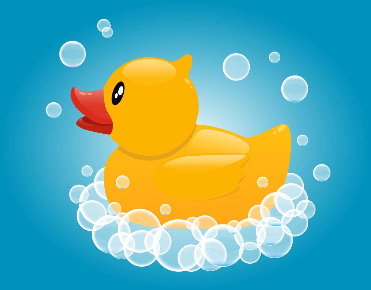 Yellow rubber duck in soap foam. Baby bathing toy. vector