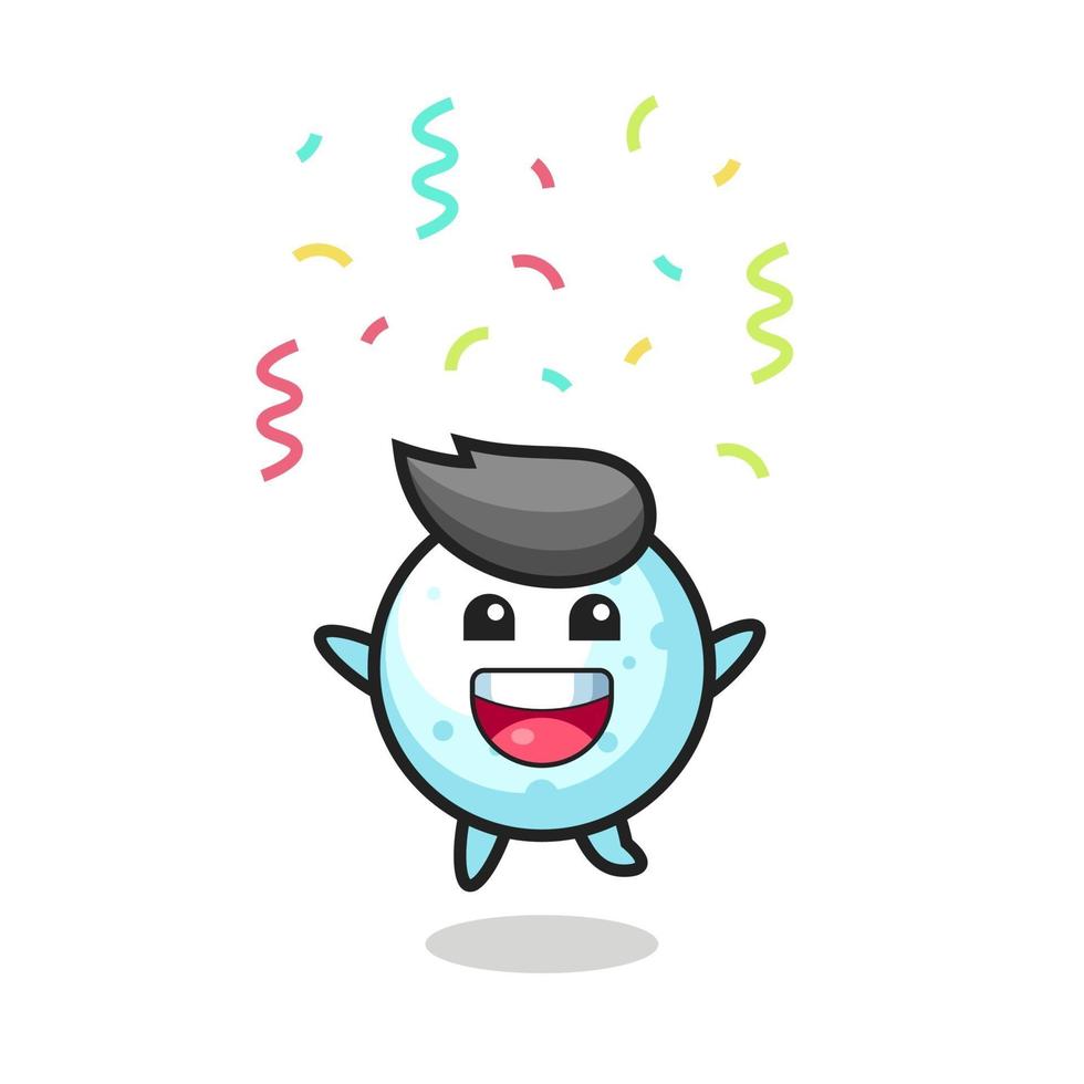 Feliz mascota bola de nieve saltando de felicitación con confeti de colores vector