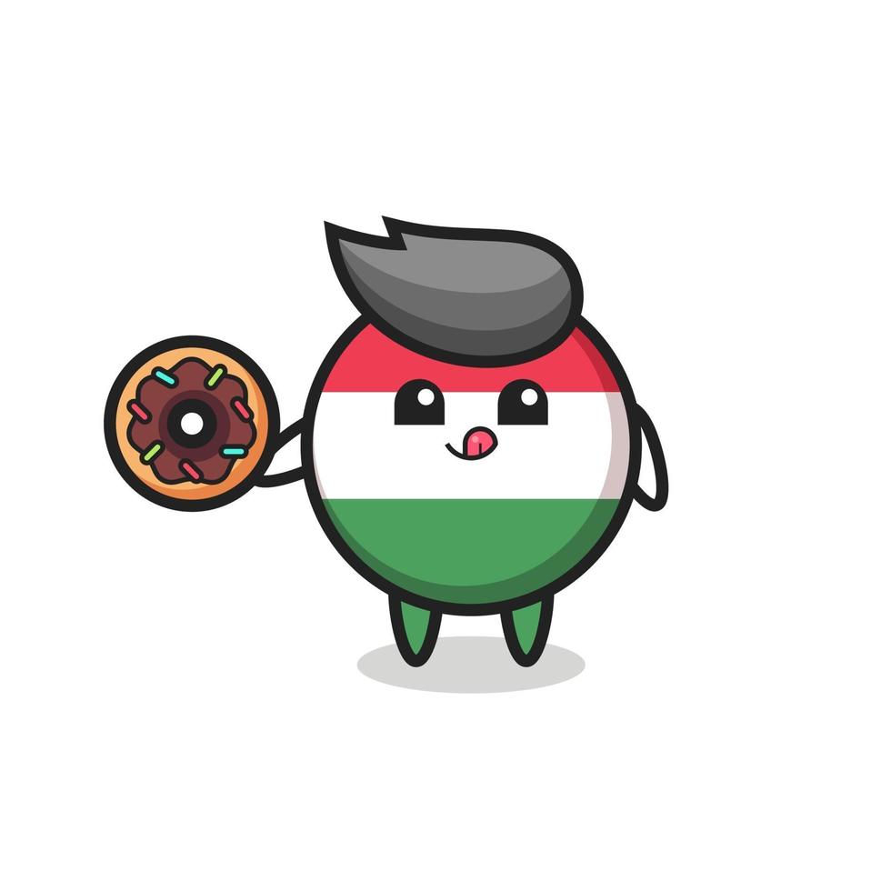 illustration of a hungary flag badge character eating a doughnut vector