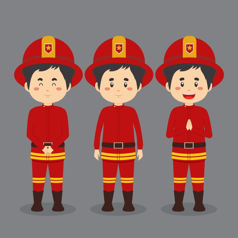 personaje de bomberos con varias expresiones. vector