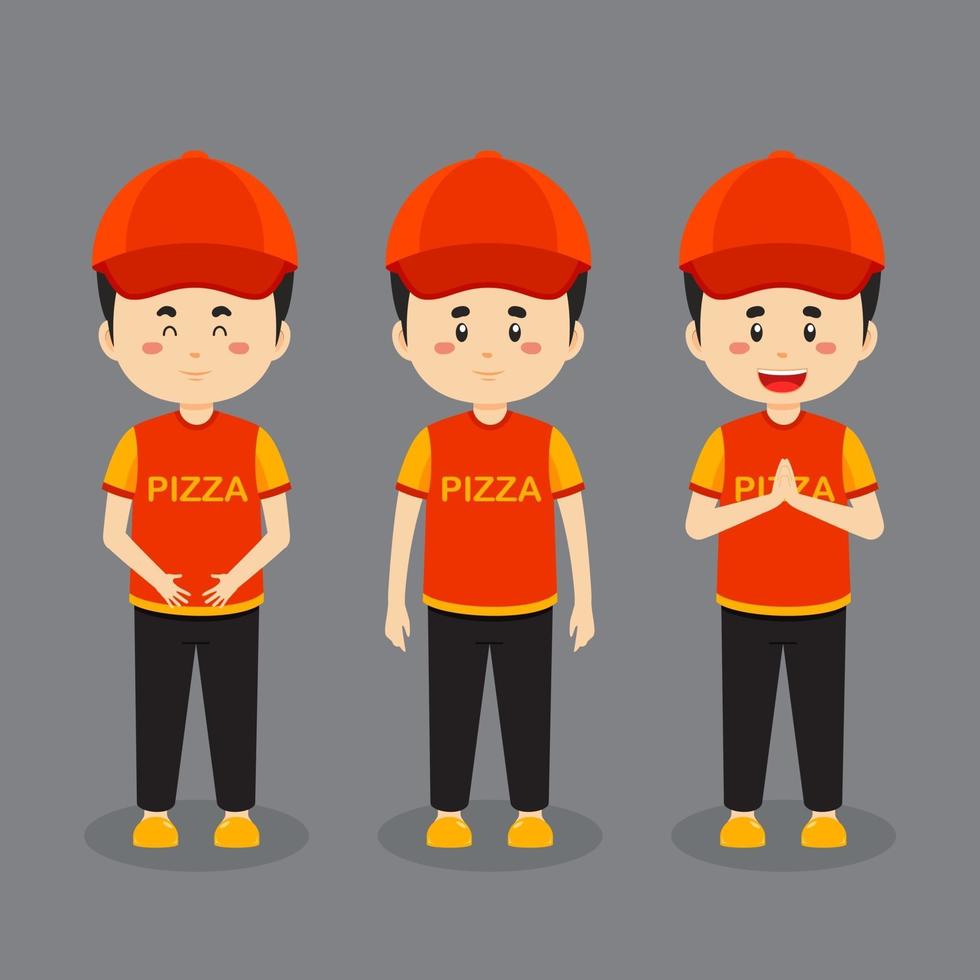 Carácter de entrega de pizza con varias expresiones. vector