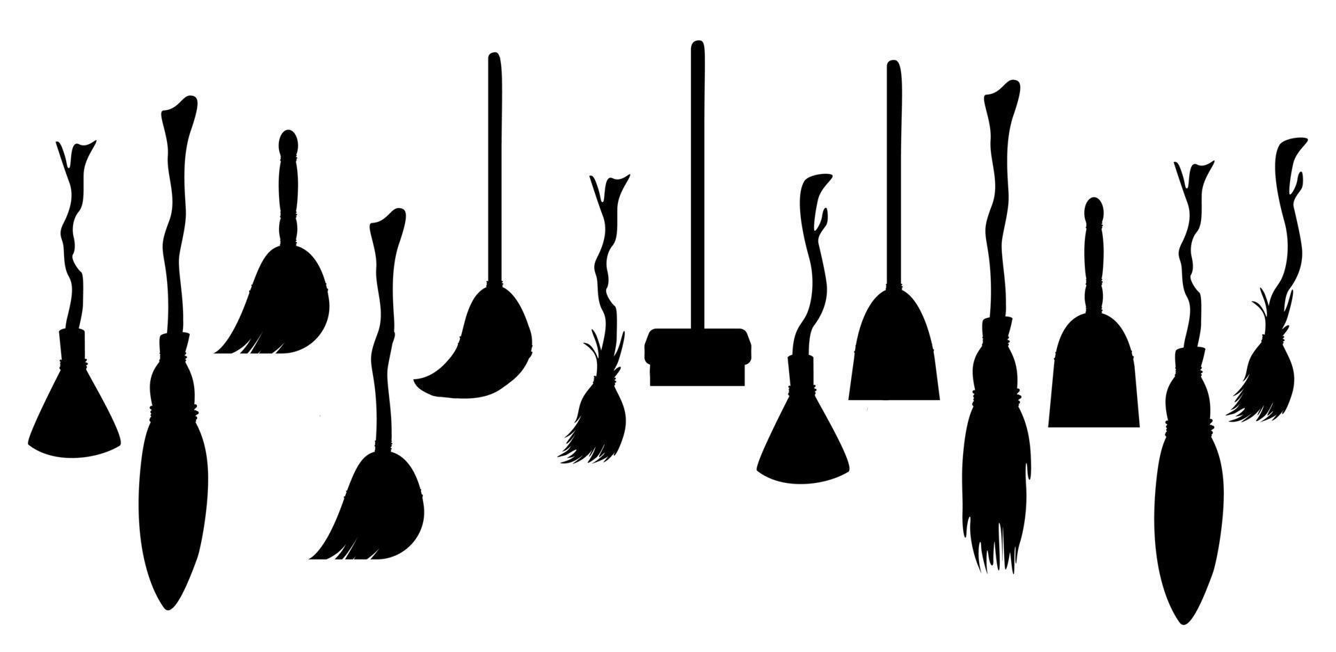 Vector image of a set of black silhouettes of brooms