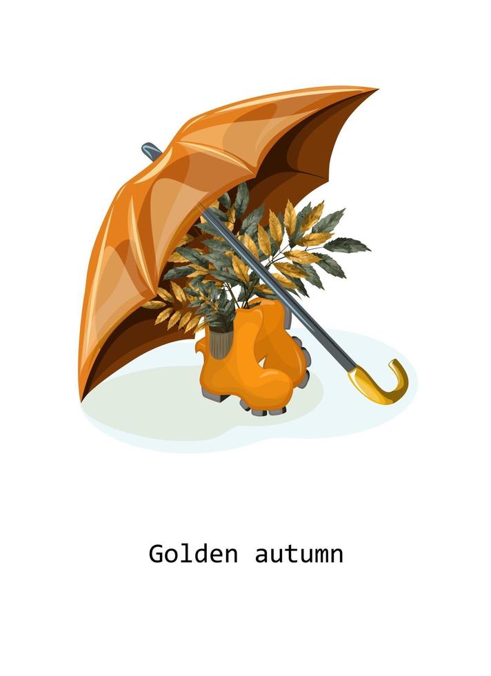 Umbrella covering rubber boots with withered autumn foliage vector