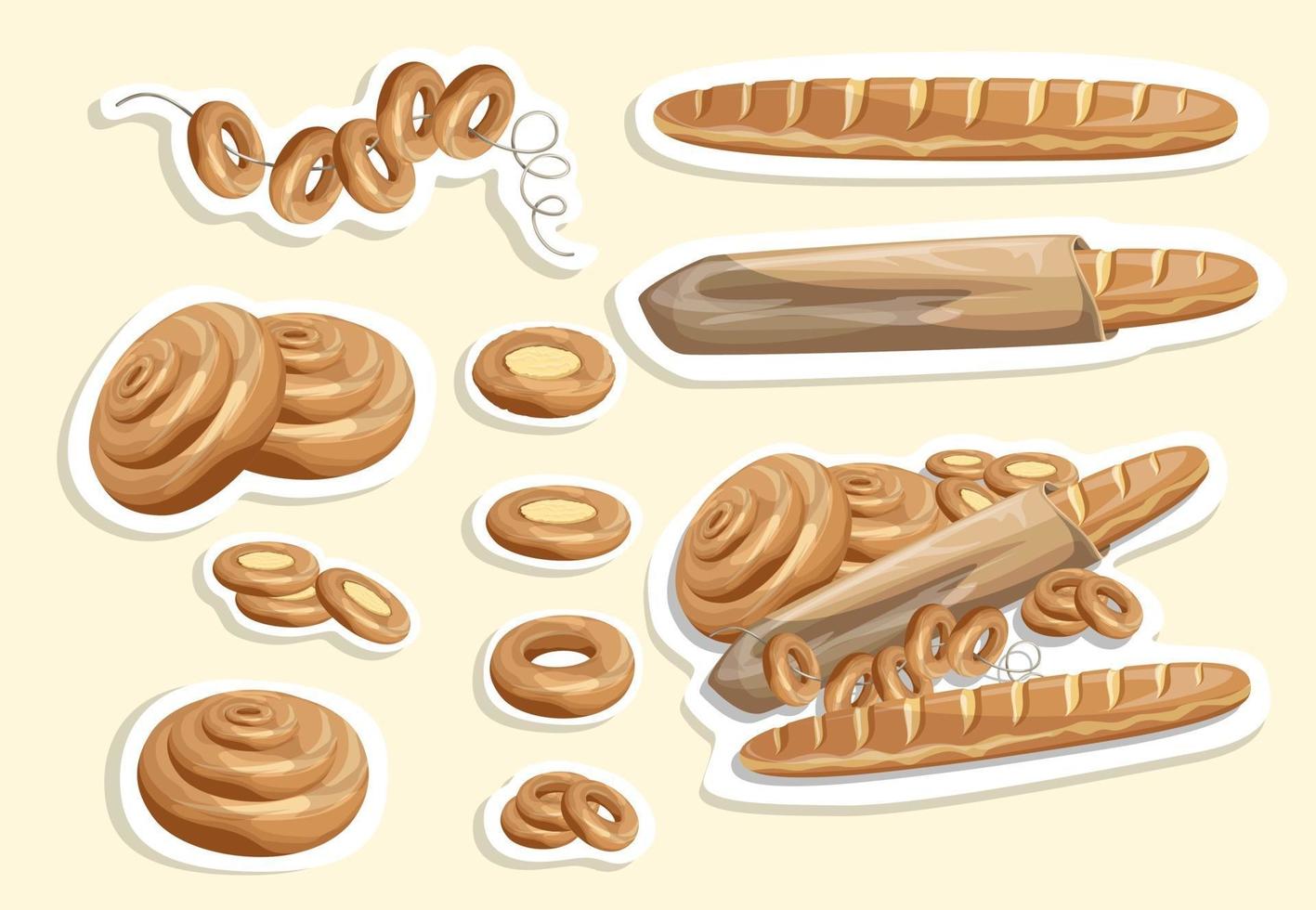 Vector image of stickers of white bread and other flour products