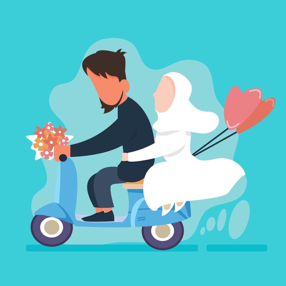 pareja de recién casados con scooter y globo vector