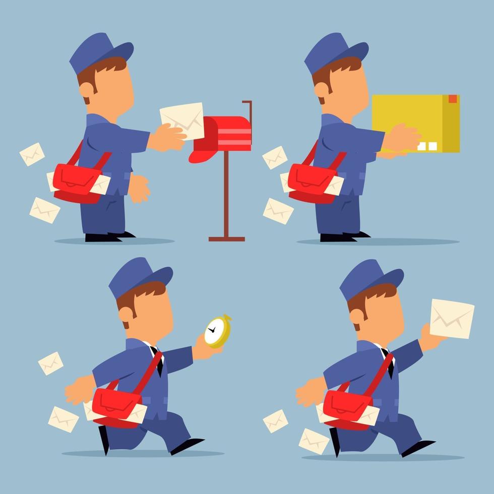 set of postman or mailman sending mail and package vector