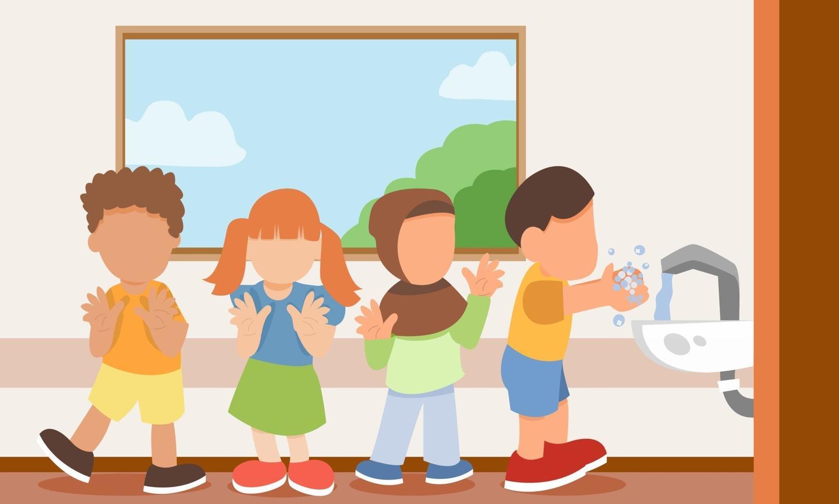 Niños haciendo cola para lavarse las manos en la escuela. vector