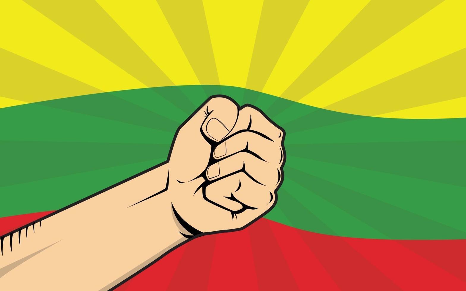 Lituania lucha símbolo de protesta con mano fuerte y bandera como fondo vector
