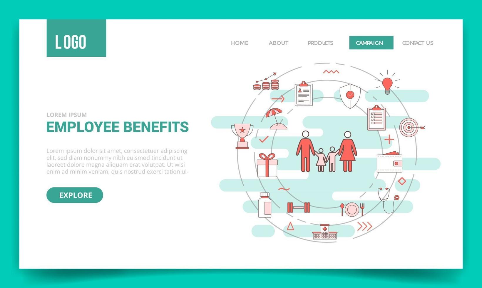 concepto de beneficios para empleados con icono de círculo para plantilla de sitio web vector