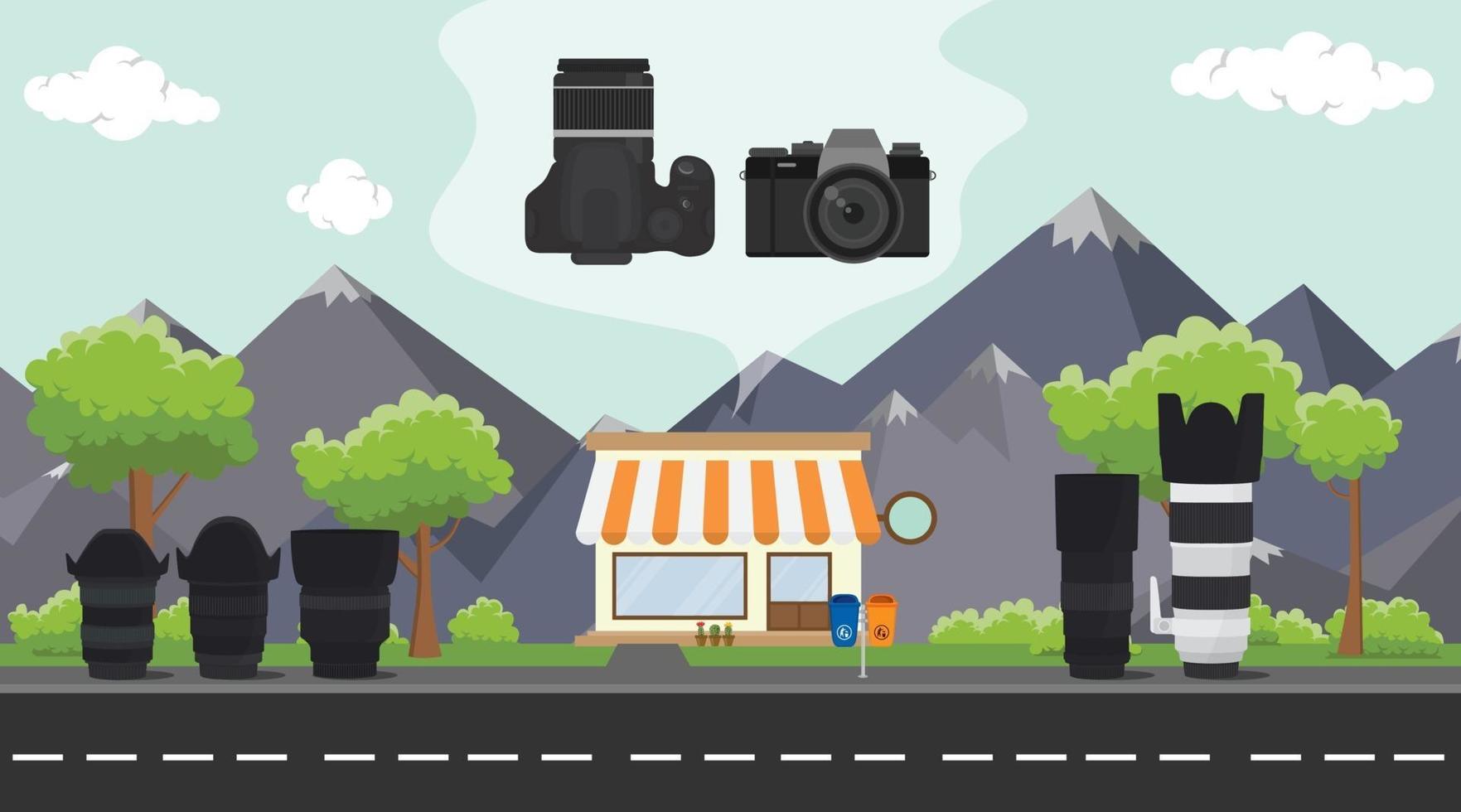 digital camera store on sidewalk with tree and mountain as background vector