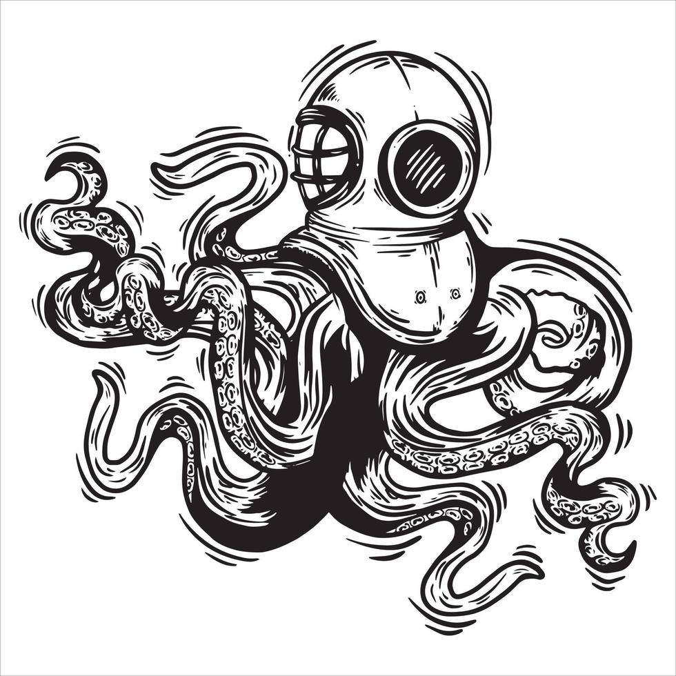 hand drawn vector illustration of an octopus wearing a diving helmet