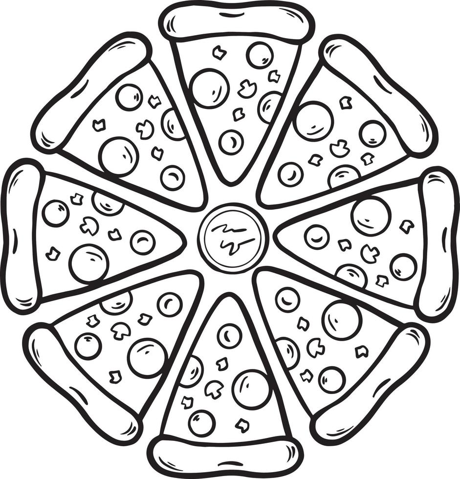 rebanada de pizza en blanco y negro dibujado a mano ilustración de doodle vector