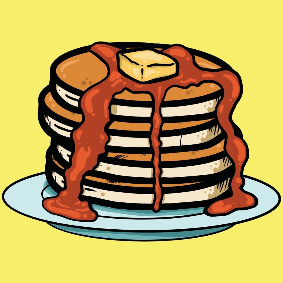 cartoon hand drawn vector illustration of pancakes with melted topping