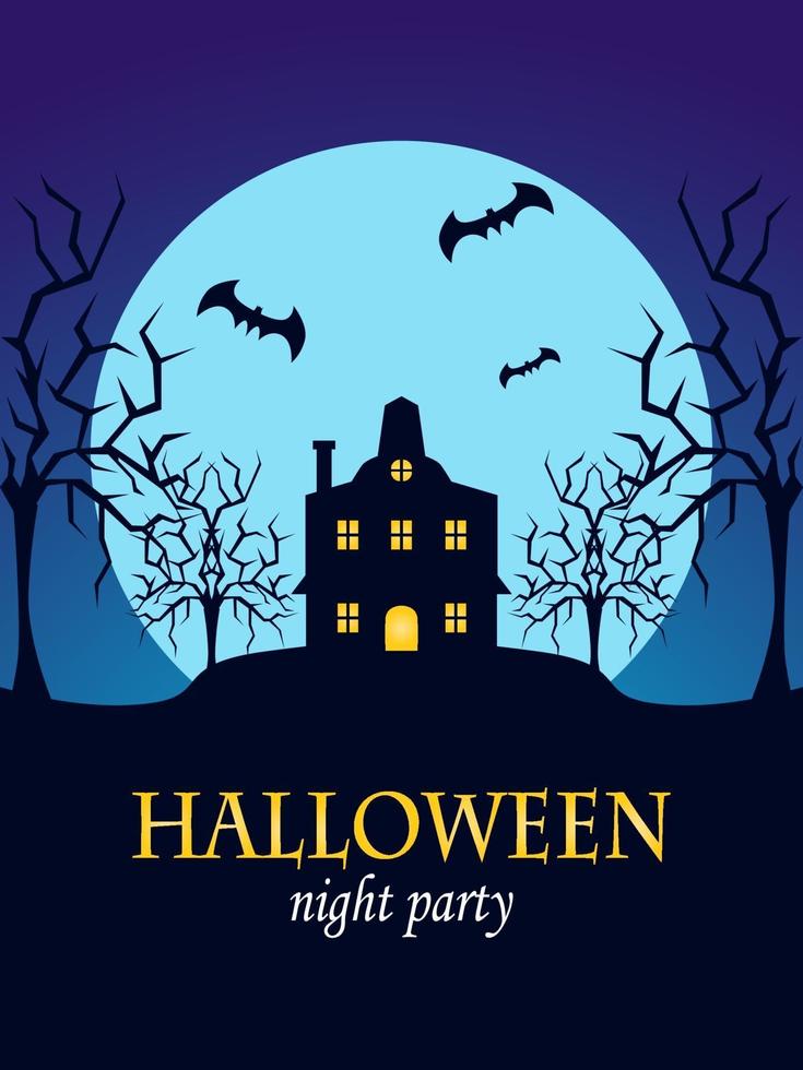 halloween poster template design with blue moon and haunted house vector