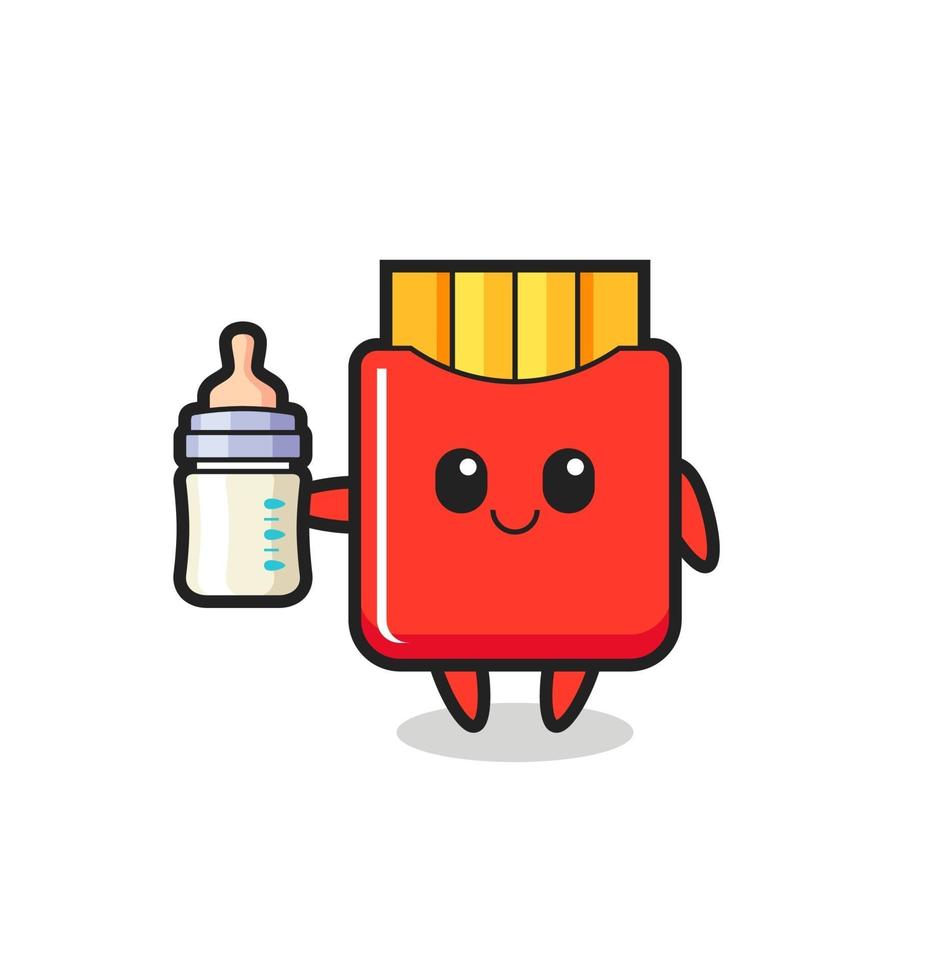 baby french fries cartoon character with milk bottle vector